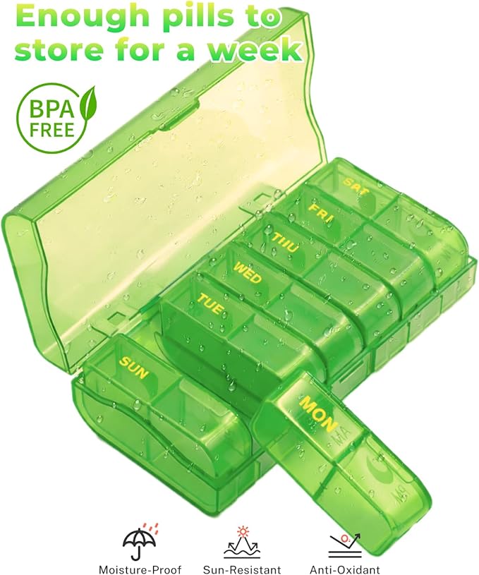 Weekly Pill Organizer 2 Times a Day, 7 Day AM/PM Pill Box, Portable Medication Dispenser with Child-Resistant Latch, BPA-Free, Travel, Office, Pets, Emergency Use (Neon Green)