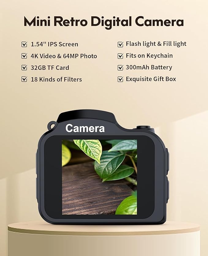 Mini Keychain Camera with 64GB Card: 4K Photo & Video Pocket Digital Camera,Built-in Screen & Flash,Fun Filters for Kids & Beginners,Easy Travel Camera for Daily Adventures, Idea (Black)