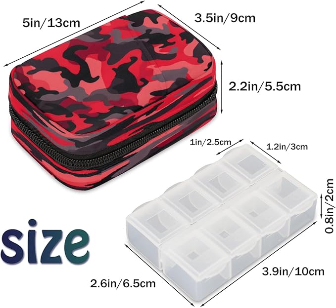 Abstract Red Camouflage Travel Pill Organizer Box Weekly Portable Pill Case Daily Pills 7 Day Small Birth Control Pills Container Removable Compartments for Medicine Vitamins Fish Oil
