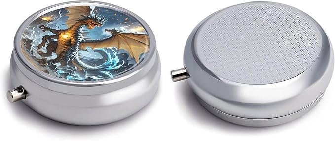 Fire and Ice Dragons Pill Box Travel Pill Case for Purse Pocket Weekly Medicine Organizer with Mirror 3 Compartment Round Medicine Case Portable PillcaseHolder for Daily