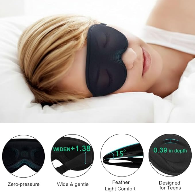 3D Sleep Mask for Kids & Teens (8-18 Years), Zero Pressure & Blackout Eye Cover - Soft Breathable, Adjustable for Travel, Night Use & Deep Sleep