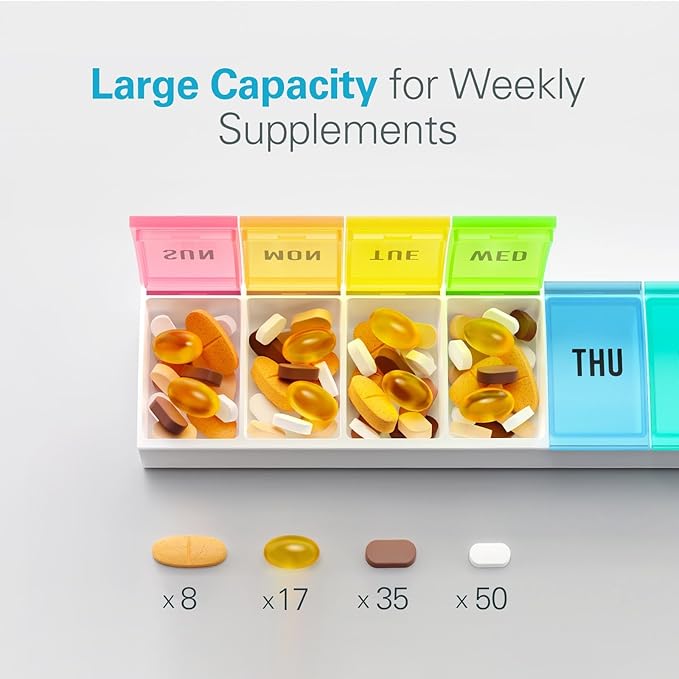 VVM Weekly Pill Organizer Large, Easy Open Pill Box 7 Day with Secure Closure, Medicine Pill Organizer for The Arthritis, Pill Holder Container, Daily Pill Case for Vitamins Medication Supplements