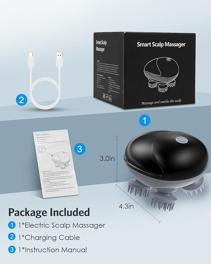AMIR Electric Scalp Massager, Portable Head Scratcher with 96 Kneading Nodes, Handheld for Stress Relief and Pain Relief, Ideal Valentine‘s Day Gift for Her/Him (Black)