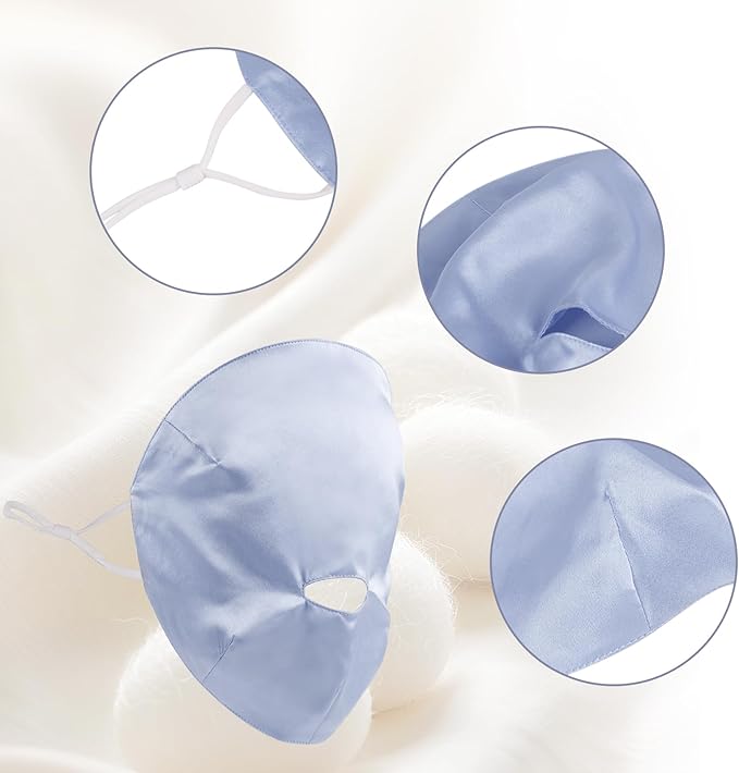 100% Silk Full Face Sleep Mask Double-Layer Silk Fabric Skin Care Lightweight 19 Momme Sun-Proof Sleeping Masks with Ear Hanging Elastic Strap for Women Men (Blue)