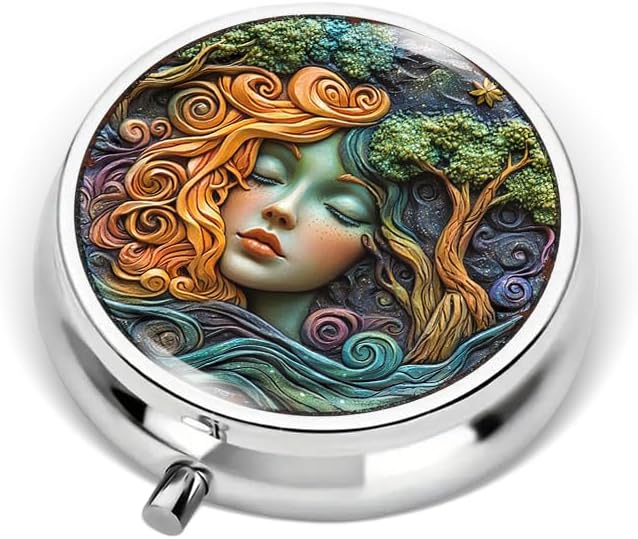 Portable Round 3 Compartment Metal Pill Box Faux Resin Painting Print Decor for Kitchen Office Coffee Organization Travel