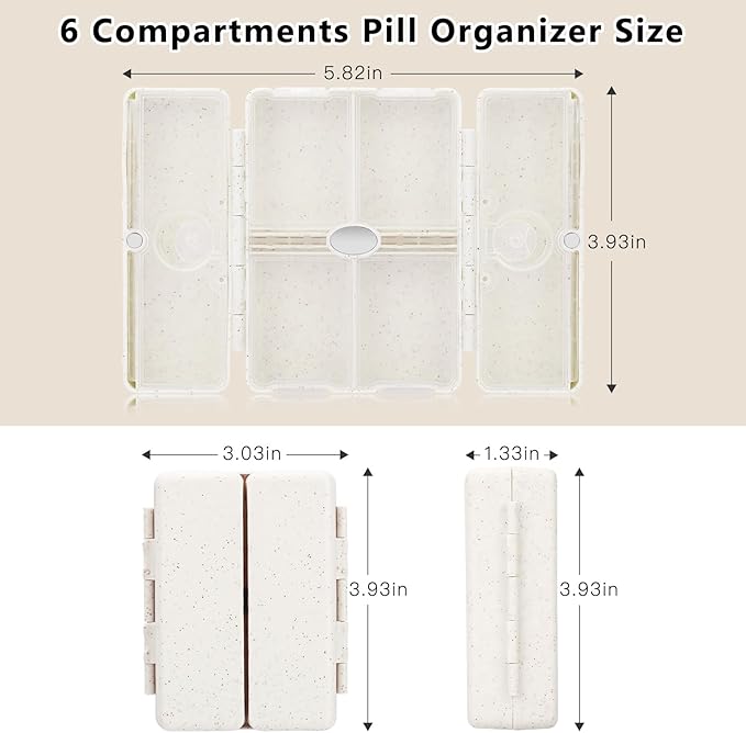 FYY Travel Pill Organizer with Blank Lables,6 Compartments Magnetic Pill Organizer Pill Box for Purse Pocket to Hold Vitamins,Cod Liver Oil,Supplements and Medication-Beige