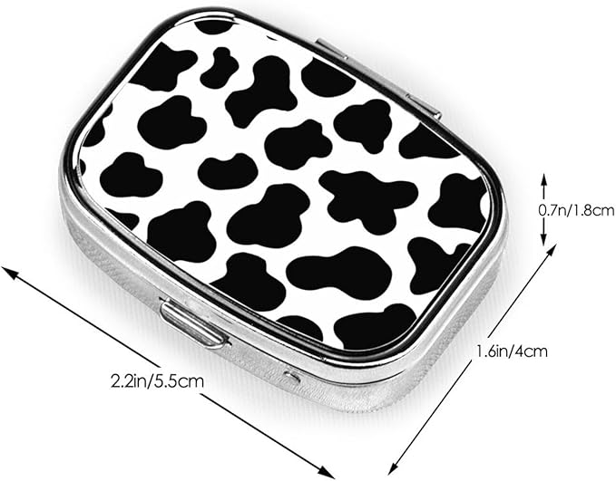 Animal Cow White Black Spot Print Square Metal Pill Box with 2 Compartment for Pocket or Purse Travel Bag Small Size 2.2 inche