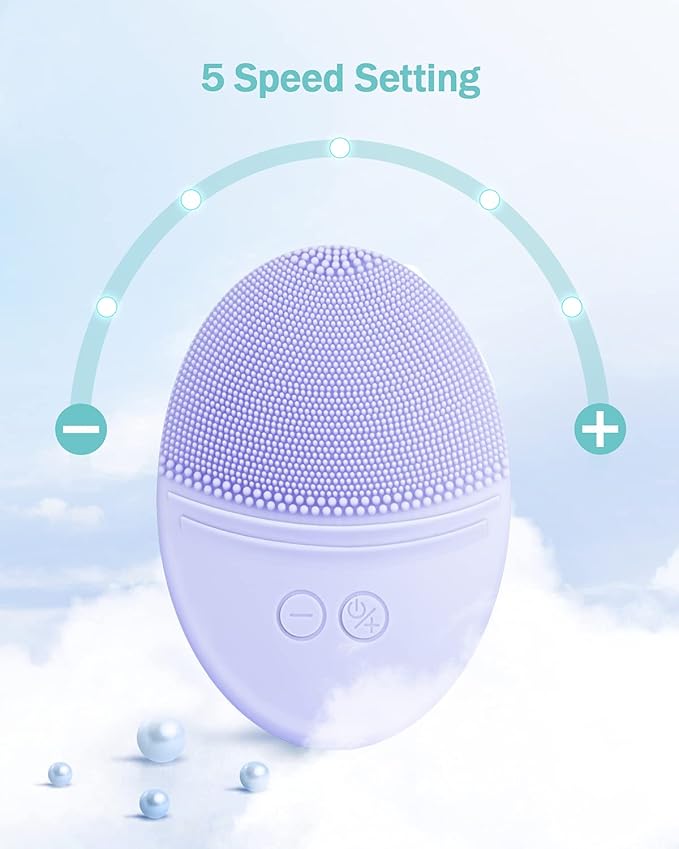 EZBASICS Facial Cleansing Brush Made with Ultra Hygienic Soft Silicone, Waterproof Sonic Vibrating Face Brush for Deep Cleansing, Gentle Massaging, Inductive Charging (Violet) 1 Pack+5 Speed Settings
