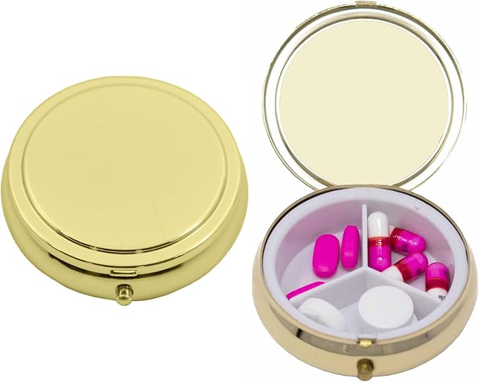 Stephanie Imports Personal Pill Organizers, Set of 2 Circular Triple-Compartment Pill Box & Organizer with Insert (Gold Flat Top - Engravable)