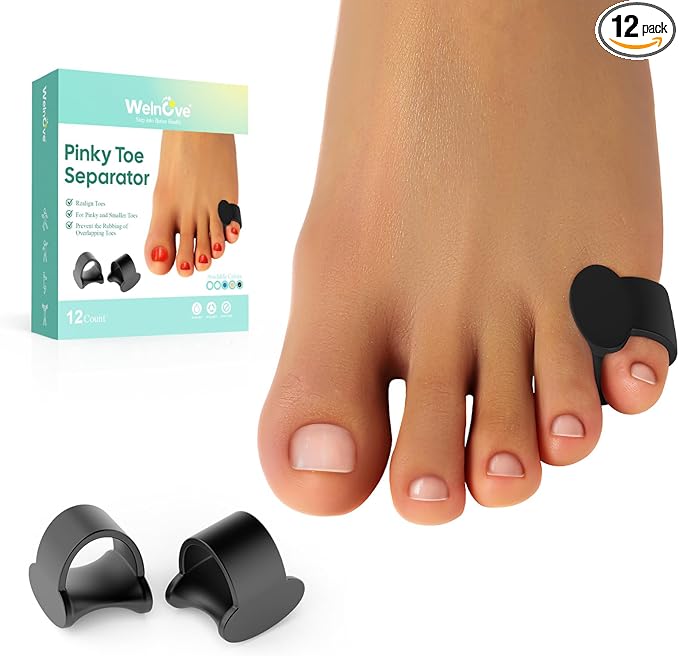 Welnove Pinky Toe Separator, 12 Pcs Black Gel Toe Spacers Bunion Corrector for Feet Women and Man, Little Toe Cushions for Curled Overlapping