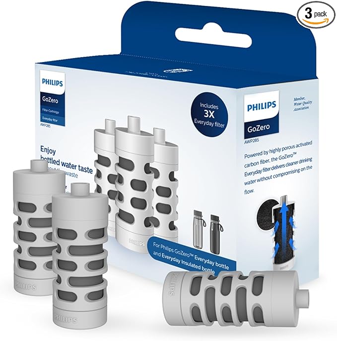 PHILIPS Activated Carbon Water Bottle Filter Replacement AWP285/37, Water Filter for Philips Water Bottle AWP2771 / AWP2772 / AWP2731 / AWP2732 Series, 3 Filters Lasts 6 Months or 120 Gallons,BPA-Free