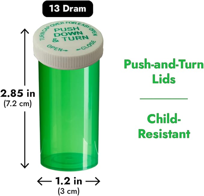 13 Dram Push Down and Turn Vials Green Medicine Vials for Pharmacy 275 Pcs Empty Pill Bottles, Mini Pill Organizer Containers Child-Resistant Small Travel Pill Dispenser for Bulk Use