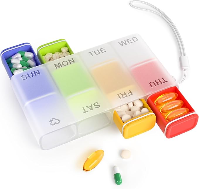 Weekly Pill Organizer 1 Time a Day – Travel Pill Case 7 Day, Small Pill Box 8 Compartments Push Open, with Color Slots, Medicine Organizer for Fish Oil, Vitamins, with Wrist Lanyard, BPA Free, Black