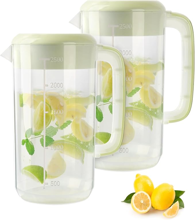 0.6 Gallon 2.5 Litre Clear Plastic Pitcher with Lid, 2 Pack Clear Water Pitchers for Cold Drinks, Iced Tea Jug for Lemonade, Iced Tea, Milk, Juice, Beverages