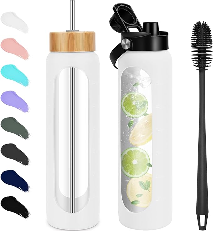 32 oz Glass Water Bottles - 1 Liter Motivational Tumbler Water Bottle Time Marker - Borosilicate Glass Water Bottle With Silicone Sleeve and 2 Lids, Handle Spout & Bamboo Straw Lid