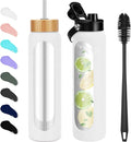 32 oz Glass Water Bottles - 1 Liter Motivational Tumbler Water Bottle Time Marker - Borosilicate Glass Water Bottle With Silicone Sleeve and 2 Lids, Handle Spout & Bamboo Straw Lid