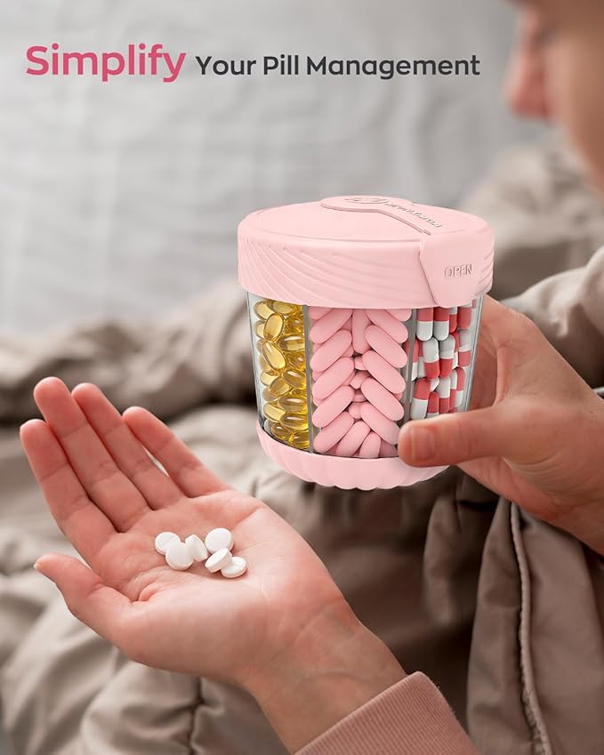 Cute Pill Dispenser with 7 Large Compartments, Portable Pill Bottle Organizer with Wide Opening for Travel, Anti-Mixing Pill Container, Shatterproof BPA-Free, Includes 20 Pcs Labels, Pink