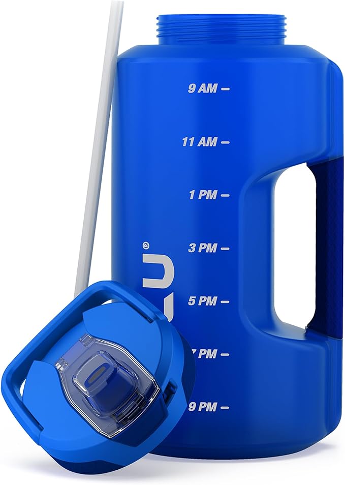 ZULU Goals 128oz Half Gallon Plastic Water Bottle with Straw and Time Marker | Large Reusable Jug with Handle and Leak Proof Lid for All Day Hydration, Gym and Outdoors, Gift Ready, Royal Blue