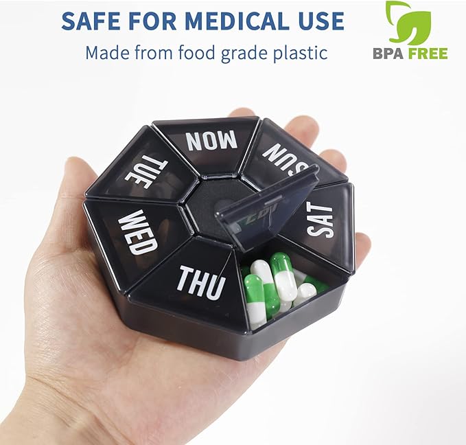 2 PCS-Large Weekly Pill Organizer,XL 7 Day Pill Box Case,Pill Dispenser Portable Small for Pocket or Travel,Pill Container for Vitamin, Cod Liver Oil, Pills, Supplements-Arthritis Friendly (Black)