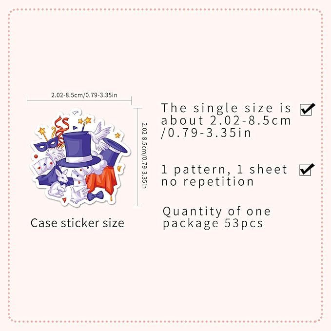 53pcs Magician Stickers, Waterproof Vinyl Stickers with Rabbit, Poker, Hat & Magic Wand Patterns, Suitable for Kids & Adults, Decor for Laptop, Phone