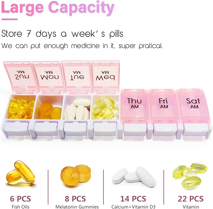 MOLN HYMY Weekly Pill Boxes and Organizer 2 Times a Day, 7 Day AM PM Pill Case Two Week, 14 Large Compartments Pill Dispenser to Hold Medication, Vitamins (Pink+Blue)