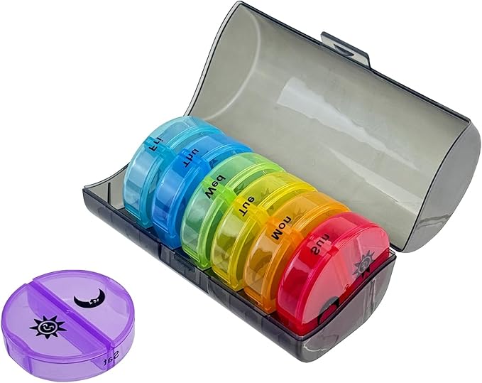 EKIND 7-Day AM PM Pill Organizer 14-Compartment Travel Medication Dispenser Moisture-Resistant Removable Daily Cases with Secure Snap Lids Black with Rainbow Tabs ﻿