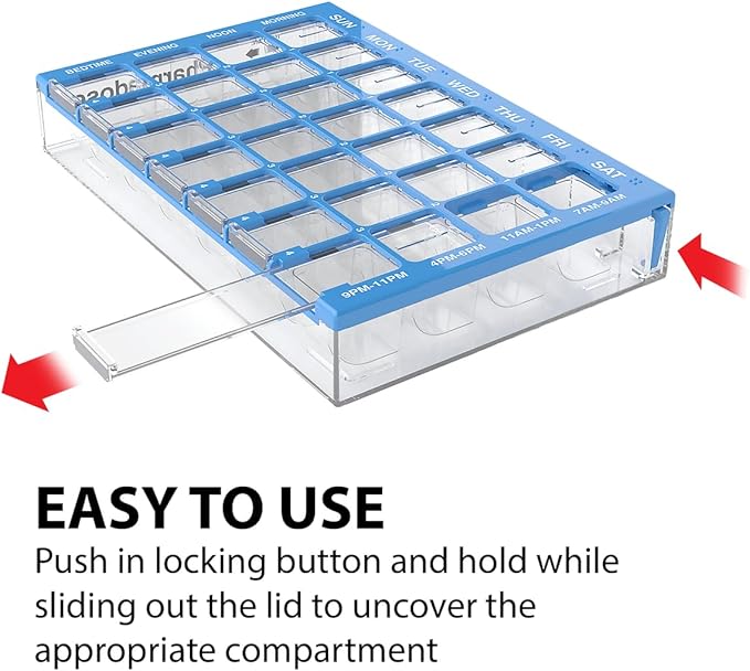 EZY DOSE Weekly AM/PM (7-Day) Daily Pharmadose Pill Planner, Medicine Case, Vitamin and Supplement Organizer, Medium Easy Fill Compartments, 4 Times a Day, 28 Compartments, Blue, BPA Free