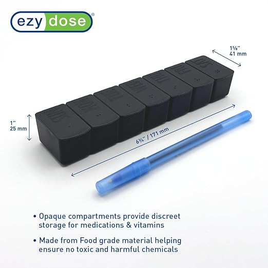 EZY DOSE Weekly (7-Day) Daily Pill Case, Embossed Matte Pill Case, Daily Medicine & Vitamin Organizer Box, Large Easy-Open Compartments, BPA-Free Medication Planner for Home & Travel, Black