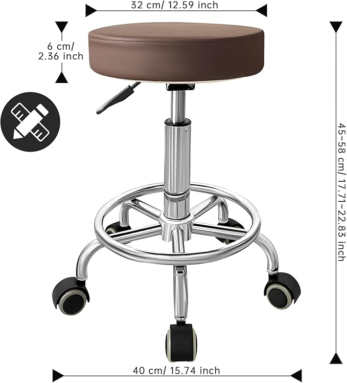 PU Leather Rolling Stool with Foot Rest Round Height Adjustment Swivel Spa Drafting Salon Tattoo Work Office Massage Vanity Stools Task Chair (Brown)