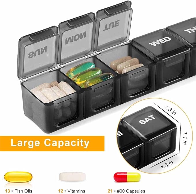 Pill Organizer Daily Case US Stock Weekly Portable Extra Large 7 Day Box Black