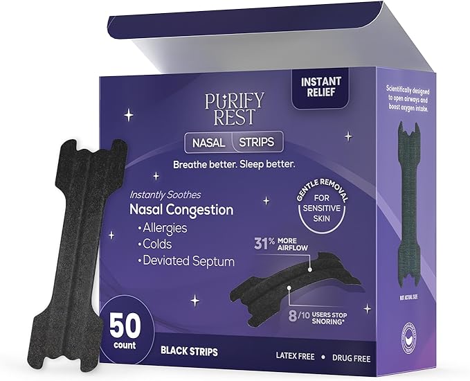 Nasal Strips for Snoring | Drug-Free Snoring Relief | Improved Breathing for Better Sleep | Skin Safe Nasal Strips | Extra Strength | Opens Nasal Passages Fast | 50 Count (Black)