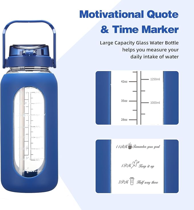 Glass Water Bottle with Straw and Handle Lid Half Gallon Motivational Glass Bottle with Silicone Sleeve and Time Marker Large Reusable Sports Water Jug for Gym Home Workout