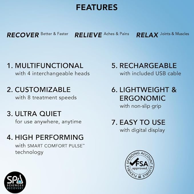 SPA SCIENCES - SmartGun Pro – Therapeutic Deep Tissue Percussion Massager – for Muscle Soreness – with Interchangeable Heads and 8 Intensity Levels – USB Rechargeable – Black