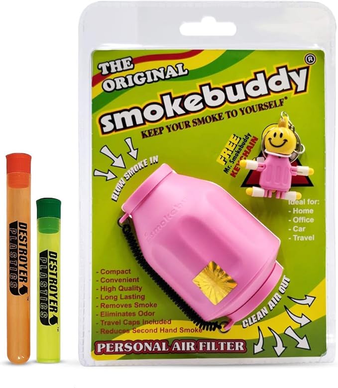 100% Authentic Smoke Buddy Bundled with Two Exclusive Destroyer Plastics Odor Proof Tubes One Large One Small (Smoke Buddy Original, Pink)