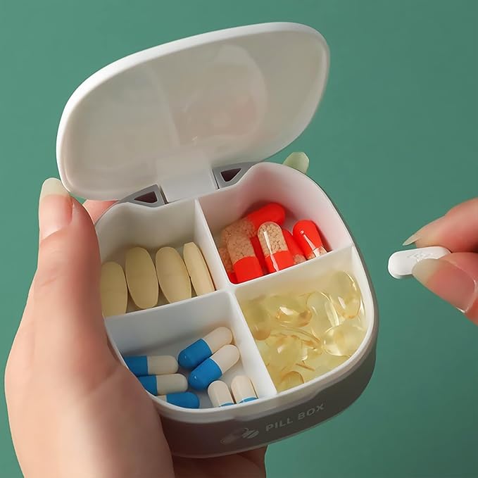 Pill Box 4 Times a Day Daily Pill Container Portable Pill Holder for Purse Compact Medicine Pill Organizer Vitamin Case Ideal for Travel (White)