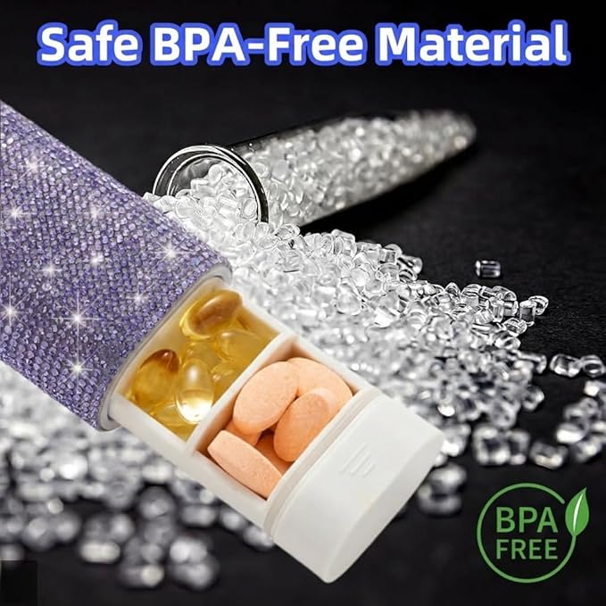Pill Case for Purse Bling 7-Day Pill Organizer Weekly Compact Medicine Containers Travel Medication Box Holder for Traveling Women(Purple)