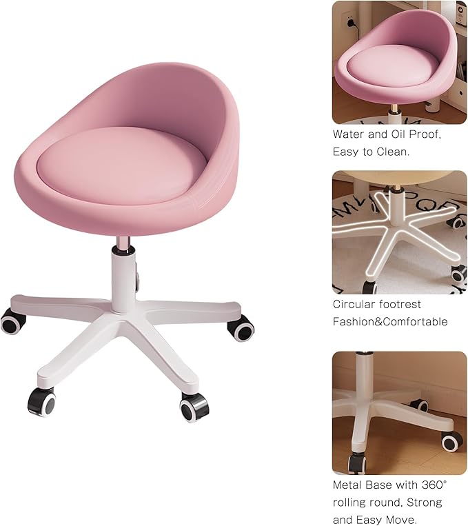 Rolling Stool Chair with Backrest, Round PU Leather Adjustable Height Hydraulic Swivel Rolling Stool for Spa Salon Tattoo Massage Doctor Dental Medical Office Pink Set of 2