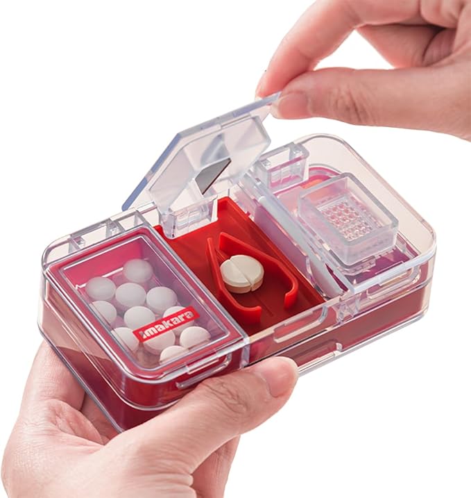 Double-Layered Multifunctional Pill Organizer with Pill Cutter, Crusher, and Splitter – Travel Size Pill Box