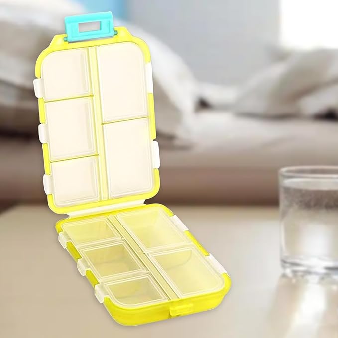 Travel Pill Organizer Portable Pocket Pill Case Small Pill Box for Purse Medicine Organizer Have 10 Compartments Storage Vitamin Fish Oil by INVODA (Yellow)