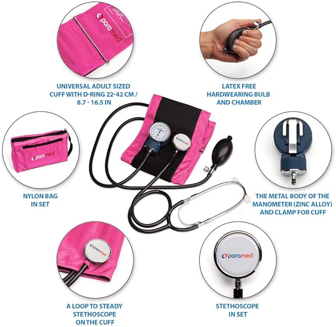 PARAMED Aneroid Sphygmomanometer with Stethoscope – Manual Blood Pressure Cuff with Universal Cuff 8.7-16.5" and D-Ring – Carrying Case in The kit – Pink