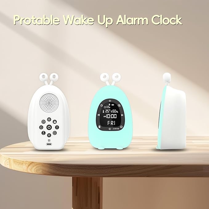 Sunrise Alarm Clock Wake Up Light, White Noise Sound Machine with 20 Soothing Sounds, 10 Night Lights, Bluetooth Speaker/Temp & Humidity/Rechargeable, Dimmable Clock Gift for Baby Kids Adults