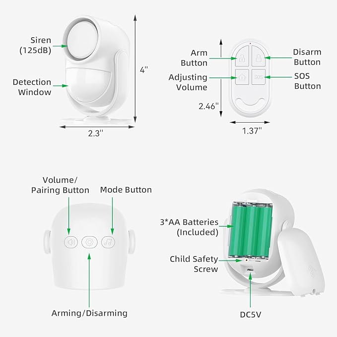 Luckydeer 125dB Loud Motion Sensor Alarm with 328ft Dual Remote (40ft PIR Detector, 3*AA Batteries), Indoor Wireless Infrared Security Motion Detector with Siren for Homes/Sheds (White - 2 Remotes)