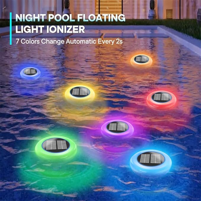 Pool Ionizer for Above Ground Pool, Upgraded Solar Ionizer Pool Auto Switching 7-Colored LED Night Light, More Lasting Copper Pool Ionizer Floater Up to 45,000 Gal