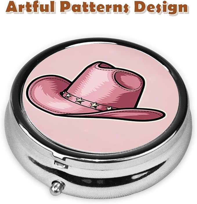 Metal Pill Organizer - 3-Compartment Mini Round Pill Case for Pocket & Purse, Portable Vitamin Holder, Easy-Open Design for Travel - Pink Cowboy Hat