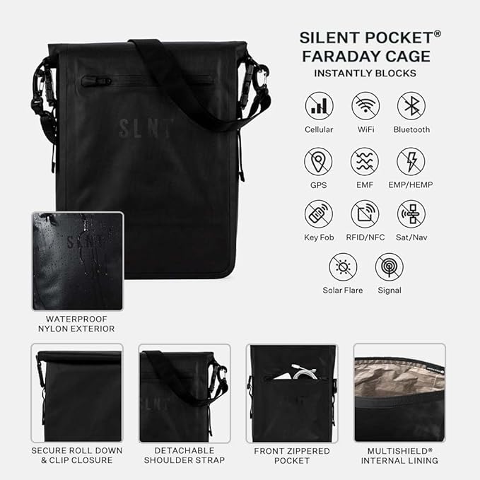 SLNT Waterproof Faraday Laptop Bag - 420D Waterproof Nylon Signal Blocking Dry Bag Backpack - Protects from Water, Spying, Hacking - Blocks RFID, WiFi, Bluetooth, NFC, Cellular, GPS, EMF (6 Liter)
