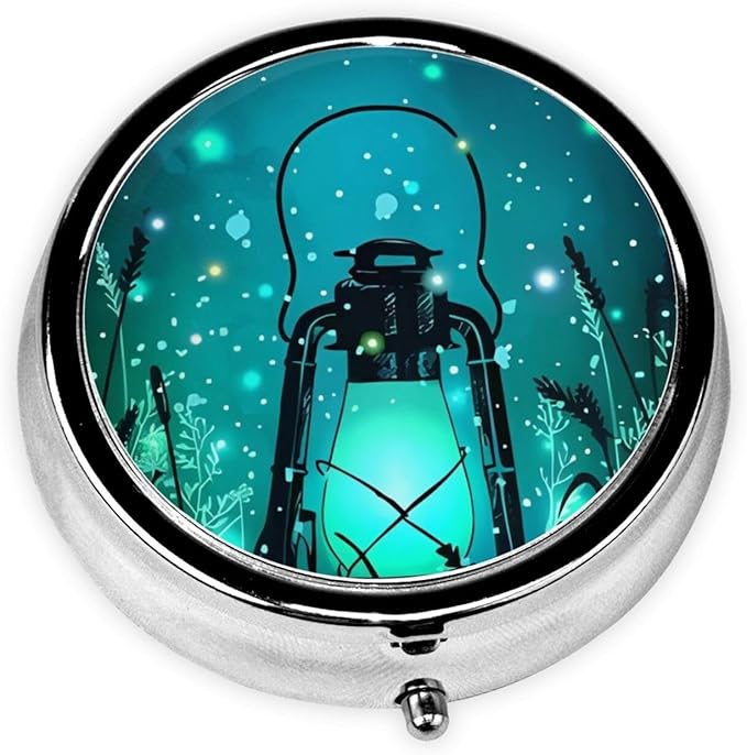 Fireflies and Lantern Printed Round Travel Pill Box Cute Small Metal Pocket Pill Case for Men & Women 3 Compartment Portable Pill Organizer for Purse or Pocket
