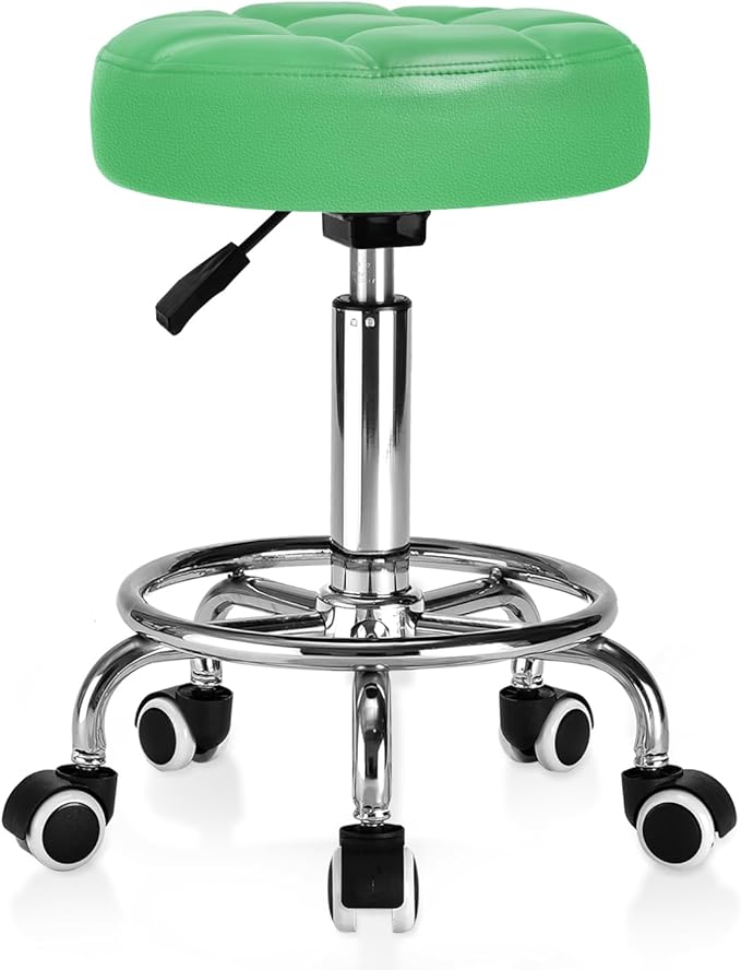 Rolling Stool PU Leather Round - Ultra Soft Padded Seat Cushion Stool with Wheels with Footrest, Weight Capacity 300lb,Adjustable Height Stool for Tattoo Massage Salon Medical Spa Center (Green)