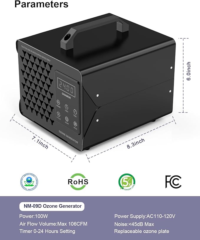 ONAMOR Digital Ozone Generator Odor Eliminator 180,000mg, High Capacity Ozone Machine Odor Removal Up to 8,000 Sq.Ft, Ozone Odor Eliminator, Ionizer Ozonator for Home, Car, Smoke, Pet Room (Black)