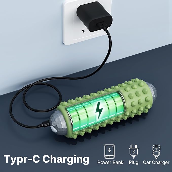 Mini Electric Massage Roller 4 Speeds Vibrating Massage Ball, 2-in-1 Portable Muscle Massager Gun & Roller for Muscle Relief, Detachable Heads, Rechargeable, For Fitness, Office, Travel (Green)