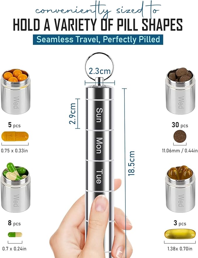 Zam-Zam Daily Pill Organiser | Portable 7 Day Pill Organizer | Large Capacity Travel Pill Container | Convenient Weekly Pill Box for Medication Management | Travel Pill Organizer with Labels(Aluminum)